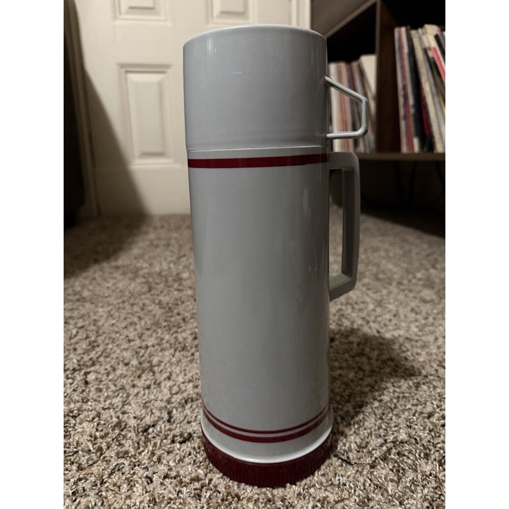 Vintage Aladdin 1 Qt Vacuum Bottle Thermos Gray Red Stripes Cup Made in Brazil